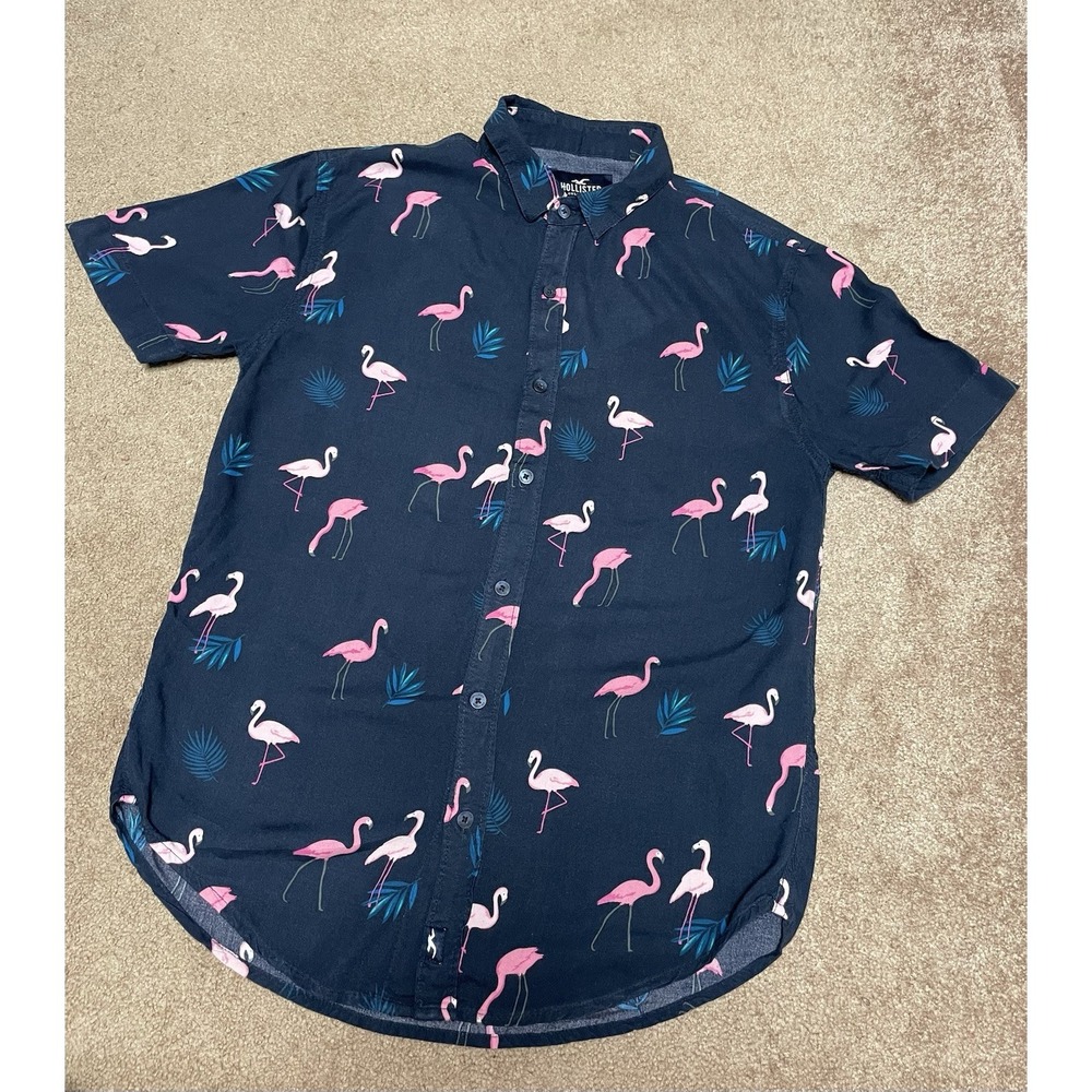 HOLLISTER NAVY BLUE FLAMINGO Graphic Button Up XS‎ Mens Shirt beach hipster
